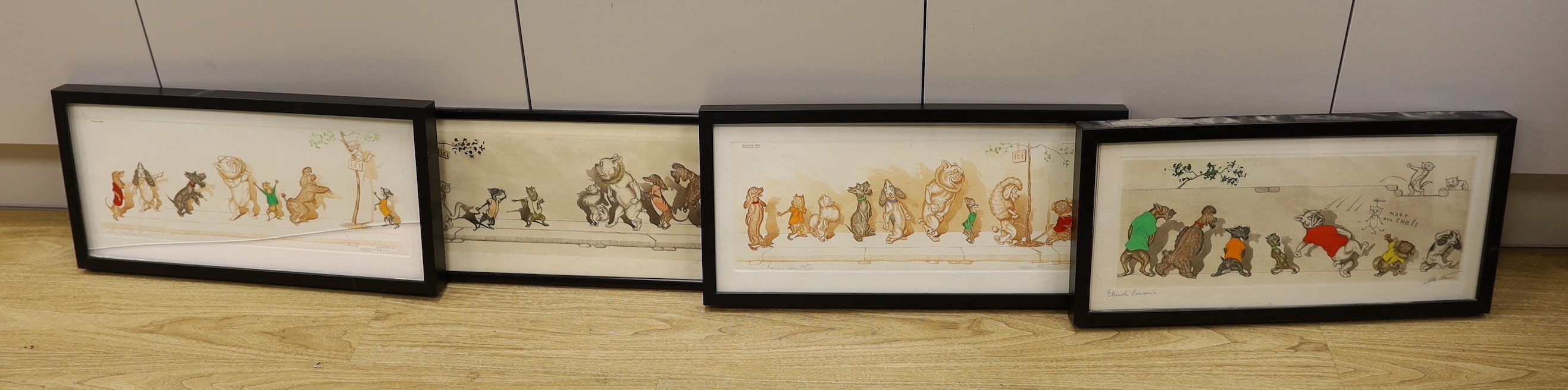 Boris O'Klein, four coloured aquatints from the Dirty Dogs of Paris series, signed in pencil, 17 x 44cm